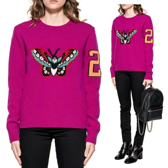 GUCCI SWEATER INTARSIA MERINO WOOL BUTTERFLY FLOWER 25 KNIT TOP sz S - Picture 1 of 12